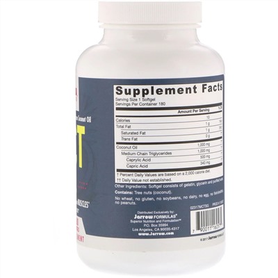 Jarrow Formulas, Масло СЦТ, 1000 мг, 180 мягких желатиновых капсул