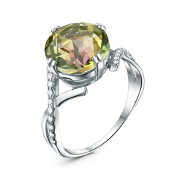 Кольцо из серебра с жёлто-зелёным горным хрусталём и фианитами родированное 211269-FA11GH5