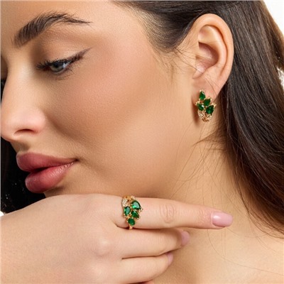 Комплект ювелирной бижутерии коллекция "Дубай" серьги и кольцо 19 р, покрытие позолота, вставка: фианиты и цирконы, цвет: зеленый и прозрачный, арт.217.504-19
