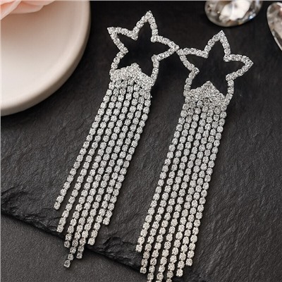 Серьги вечерние  длинные звезды со стразами, цвет серебристый, арт. 006.041