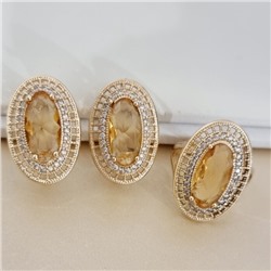 Комплект ювелирной бижутерии коллекция "Дубай" серьги и кольцо 20 р, покрытие позолота, вставка: фианиты и цирконы, цвет: желто-оранжевый и прозрачный, арт.215.451-20