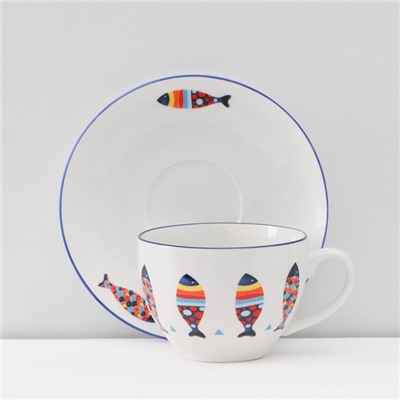 Сервиз чайный Доляна «Емеля», 12 предметов: 6 чашек 280 мл, 6 блюдец d=15 см, фарфор, белый