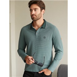 Лонгслив из фактурного трикотажа с плетеным воротником поло с застежкой на пуговицы