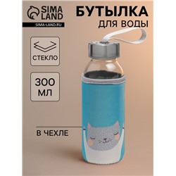 Бутылка для воды «Хитрый котик», 300 мл, h=17 см, в чехле, стекло, рисунок МИКС
