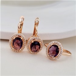 Комплект ювелирная бижутерия коллекция  "Дубай" серьги и кольцо 18 р, покрытие: позолота, вставка: фианиты, цвет: прозрачный и фиолетовый, арт.213.781-18