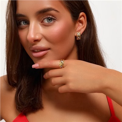 Комплект ювелирной бижутерии Итальянское золото (покрытие желтое 14к) серьги и кольцо 19 р, вставка: фианиты, цвет: прозрачный, арт.217.333-19