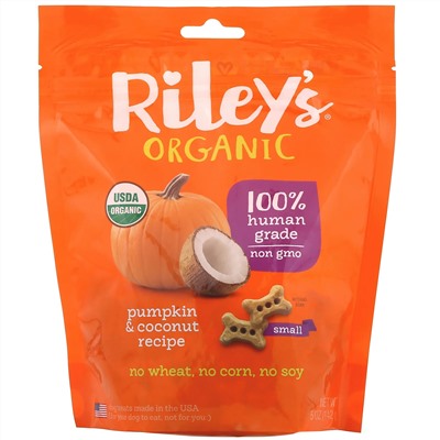 Riley’s Organics, Лакомства для собак, маленькая косточка, рецепт с тыквой и кокосом, 142 г (5 унций)