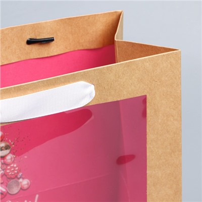 Пакет подарочный новогодний крафтовый с пластиковым окном «С Новым годом», 24×20×11 см