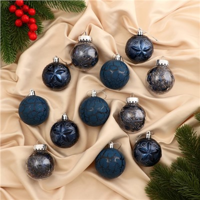 Ёлочные игрушки «Зимняя музыка», шары новогодние, набор d=6 см, 12 шт., узор, синий