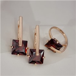 Комплект ювелирной бижутерии коллекция "Дубай" серьги и кольцо 18 р, покрытие позолота, вставка: стекло, цвет: винно-краснный, арт.414.167-18