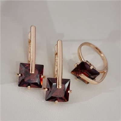 Комплект ювелирной бижутерии коллекция "Дубай" серьги и кольцо 19 р, покрытие позолота, вставка: стекло, цвет: винно-краснный, арт.414.167-19