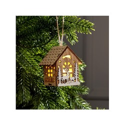 Ёлочная игрушка «Домик с оленями», 8×7×5.5 см, от батареек, свечение тёплое белое