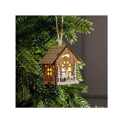 Ёлочная игрушка «Домик с оленями», 8×7×5.5 см, от батареек, свечение тёплое белое