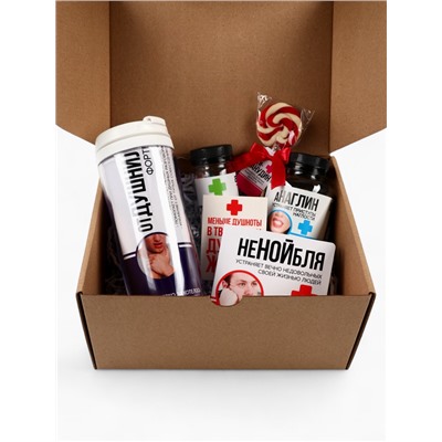 Подарочный набор гифтбокс «Аптечка»: чай, драже, шоколад, термостакан, леденец