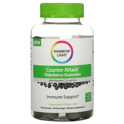 Rainbow Light, Counter Attack, Elderberry with Vitamin C, D, and Zinc, 60 Gummies