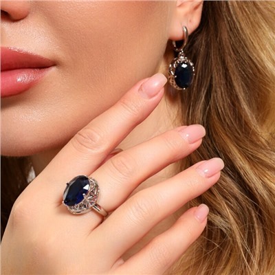 Комплект ювелирной бижутерии с крупным камнем серьги и кольцо 17 р, цвет: синий, арт.213.918-17