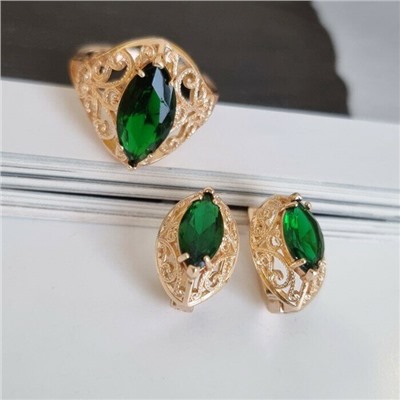 Комплект ювелирной бижутерии коллекция "Дубай" серьги и кольцо, покрытие: позолота, вставка: камень, цвет: зеленый, р-р 21, 7602, арт.216.359-21