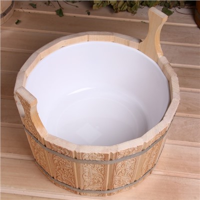 Шайка для бани и сауны «Русский узор», 8 л, деревянная, пластиковая вставка, «Добропаровъ»