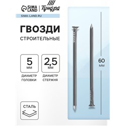 Гвозди ТУНДРА, строительные, ГОСТ 4028-63, без покрытия, 2.5×60 мм, 25 кг