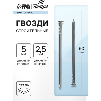 Гвозди ТУНДРА, строительные, ГОСТ 4028-63, без покрытия, 2.5×60 мм, 25 кг