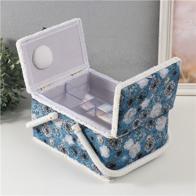 Шкатулка для рукоделия и шитья «Чёрно-белые цветы на голубом», хранение ниток, иголок, мелочи, 19×26×14.5 см