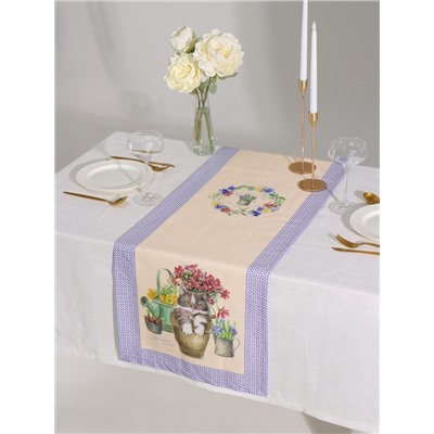 Дорожка на стол «Этель. Уютные коты», 40×146 см, 100% хлопок, саржа 190 г/м², бежевая/синяя