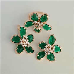 Комплект ювелирной бижутерии коллекция "Дубай" серьги и кольцо 20 р, покрытие позолота, вставка: фианиты, цвет: зеленый и прозрачный, арт.314.957-20