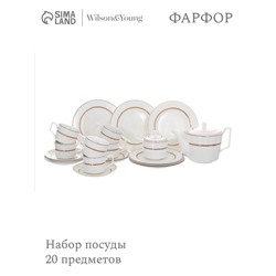 Чайный сервиз WY Grace, 20 предметов, чайник 1000 мл, 6 кружек 250 мл, 6 блюдец d=15.5 см, 6 тарелок пирожковых d=20.5 см, фарфор