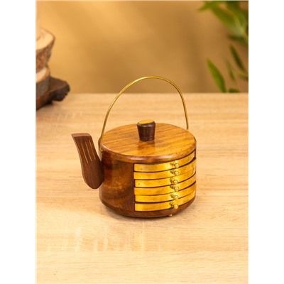 Подставка под горячее «Чайник», с золотыми вставками, набор 6 шт., 10×12×8 см, дерево шишам