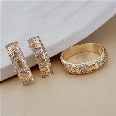 Комплект ювелирной бижутерии коллекция "Дубай" серьги и кольцо 19 р, покрытие позолота, вставка: цирконы, цвет: прозрачный, арт.215.712-19