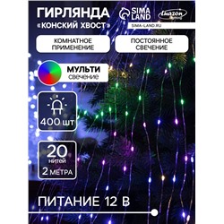 Гирлянда «Конский хвост» 20 нитей по 2 м, IP20, серебристая нить, 400 LED, свечение мульти, 12 В