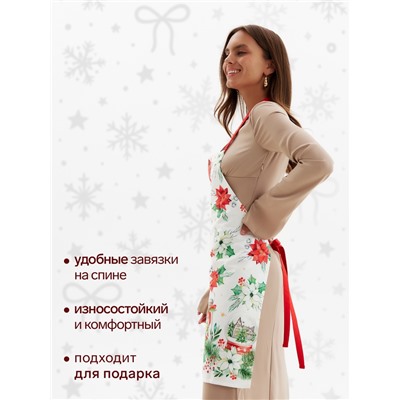 Фартук новогодний «Этель» Christmas red flowers 60×70 см, 100% хл, саржа 190 г/м²