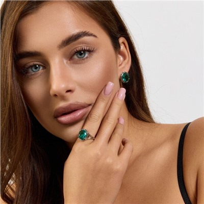 Комплект ювелирной бижутерии коллекция "Дубай" серьги и кольцо 19 р покрытие посеребрение, вставка: стекло и цирконы, цвет: морская волна и черный, арт.215.605-19