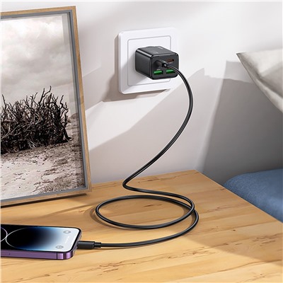 Адаптер Сетевой с кабелем Hoco N55 2Type-C/2USB 3A/20W (Type-C/Lightning) (black)