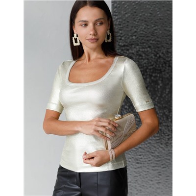 Футболка облегающая из хлопка в рубчик с U вырезом и матовым покрытием металлик