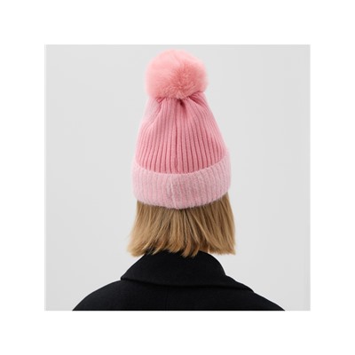 Шапка вязаная с помпоном женская MINAKU, розовая, размер 56-58