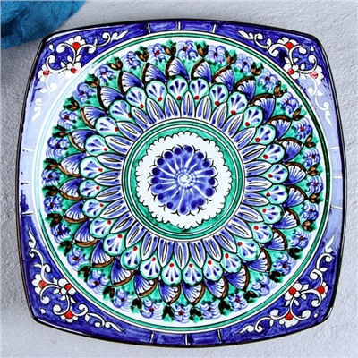 Ляган узбекский Риштанская Керамика «Узоры», 25×4.5 см, квадратный, синий