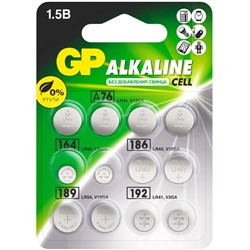 Батарейка алкалиновая GP, ACM01-12BL (А76 по 4 шт; 164. 186, 189, 192 по 2 шт.); 1.5 В, 12 шт.
