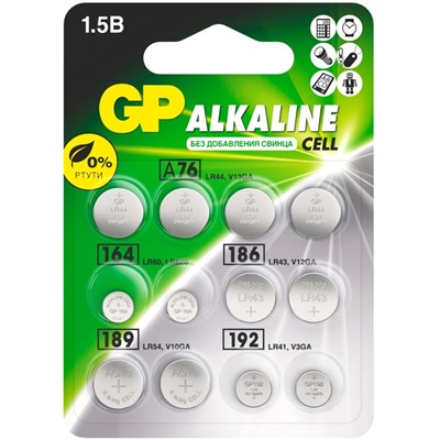 Батарейка алкалиновая GP, ACM01-12BL (А76 по 4 шт; 164. 186, 189, 192 по 2 шт.); 1.5 В, 12 шт.