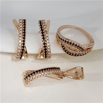 Комплект ювелирной бижутерии коллекция "Дубай" серьги, кулон и кольцо 18 р, покрытие позолота, вставка: цирконы, цвет: черный и прозрачный, арт.217.474-18