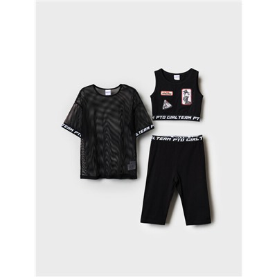 Комплект трикотажный для девочек: брюки (легинсы укороченные), топ, фуфайка (футболка)