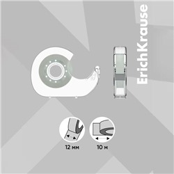 Двусторонняя клейкая лента ErichKrause, прозрачная, 12 мм×10 м, в диспенсере