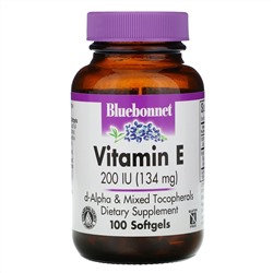 Bluebonnet Nutrition, Витамин E, 200 МЕ, 100 гелевых капсул