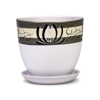 Набор горшков для цветов «Лотос», 4 шт., с поддоном, 0.4 / 1 / 2.5 / 5 л, керамика, белые с зелёными полосками