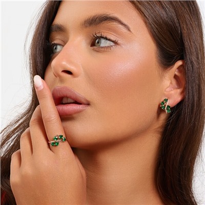 Комплект ювелирной бижутерии коллекция "Дубай" серьги и кольцо 17 р, покрытие позолота, вставка: фианиты, цвет: зеленый, арт.215.496-17