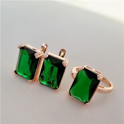 Комплект ювелирная бижутерия коллекция  "Дубай" серьги и кольцо 19 р, покрытие: позолота, вставка: фианиты, цвет: зеленый, арт.313.020-19