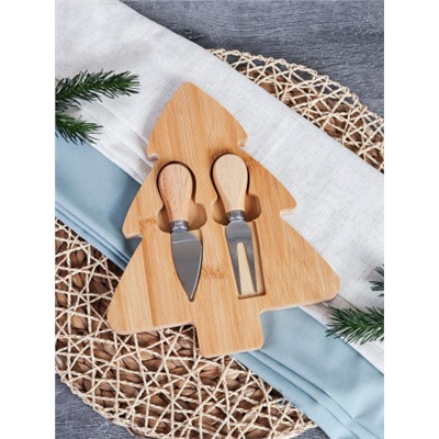 Поднос для нарезки и подачи сыра Новогодняя 20x25x1,5 см Ёлка / KF-S12 /уп 48/ нож и вилка