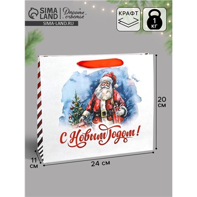 Пакет подарочный новогодний крафтовый, «Дед Мороз», 30×26×9 см