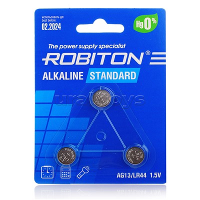 Батарейки алкалиновые ROBITON STANDARD R-AG3-0-BL3 (0% Hg) AG13 LR44 357 А76 МЦ-1154 BL3