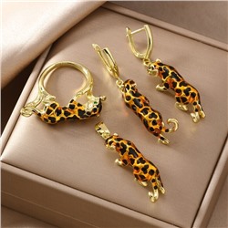 Комплект ювелирной бижутерии Итальянское золото (покрытие желтое 14к) серьги, кулон и кольцо 17 р, вставка: фианиты и витражная цветная эмаль, цвет: зеленый, оранжевый, черный, арт.217.339-17